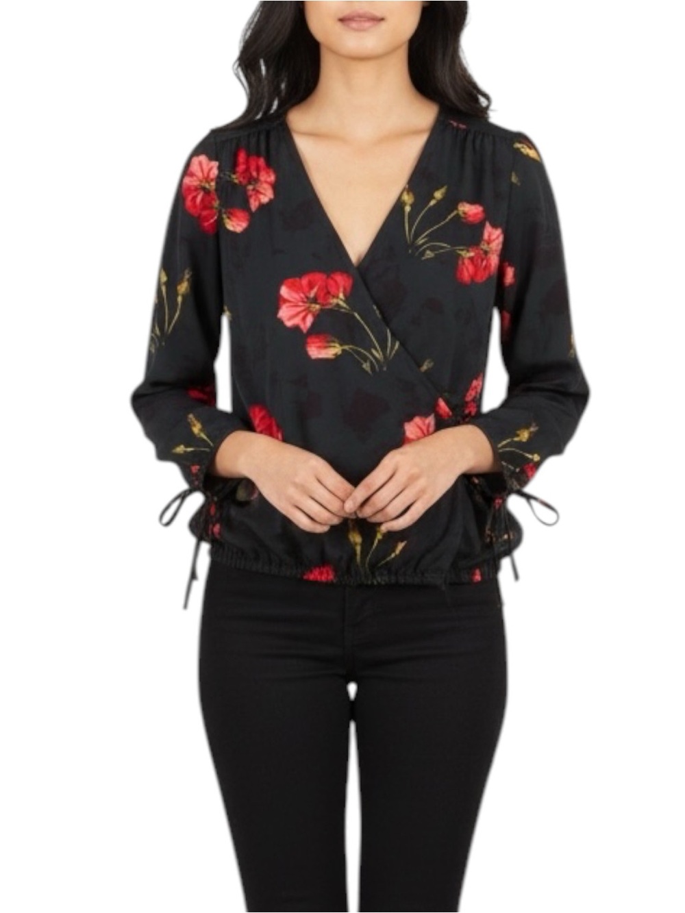 Woman’s Dark Green Floral Elastic Waist Tie Sleeve Wrap Blouse